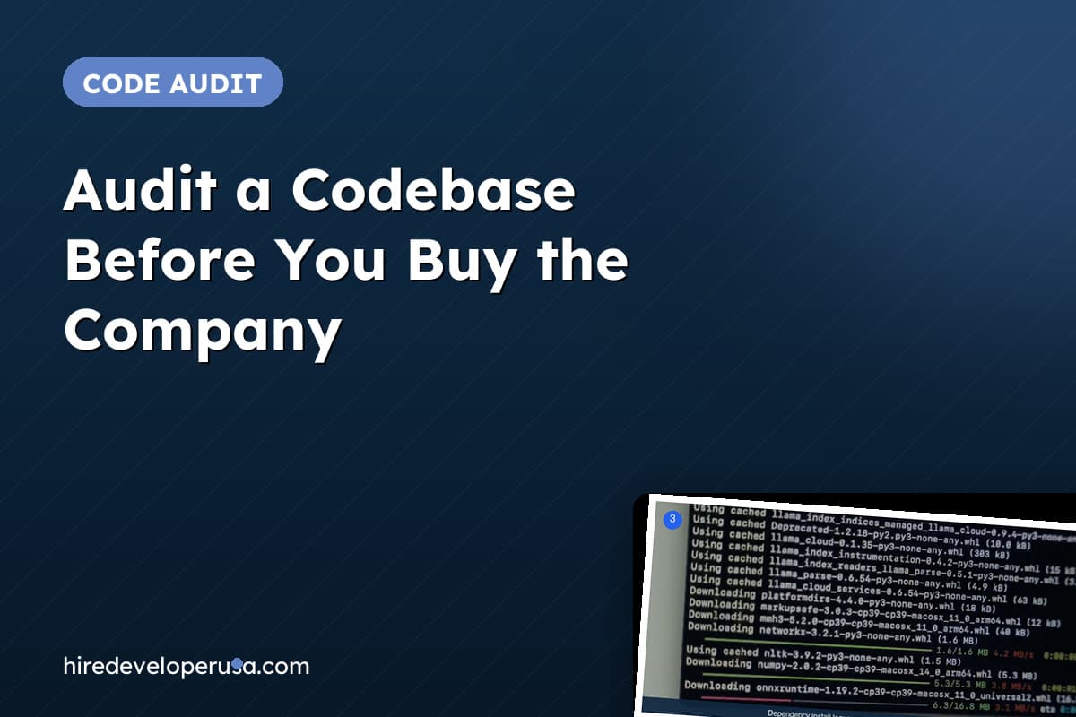 Cover for a guide to auditing a codebase before an acquisition, beside a terminal showing a dependency installation log.