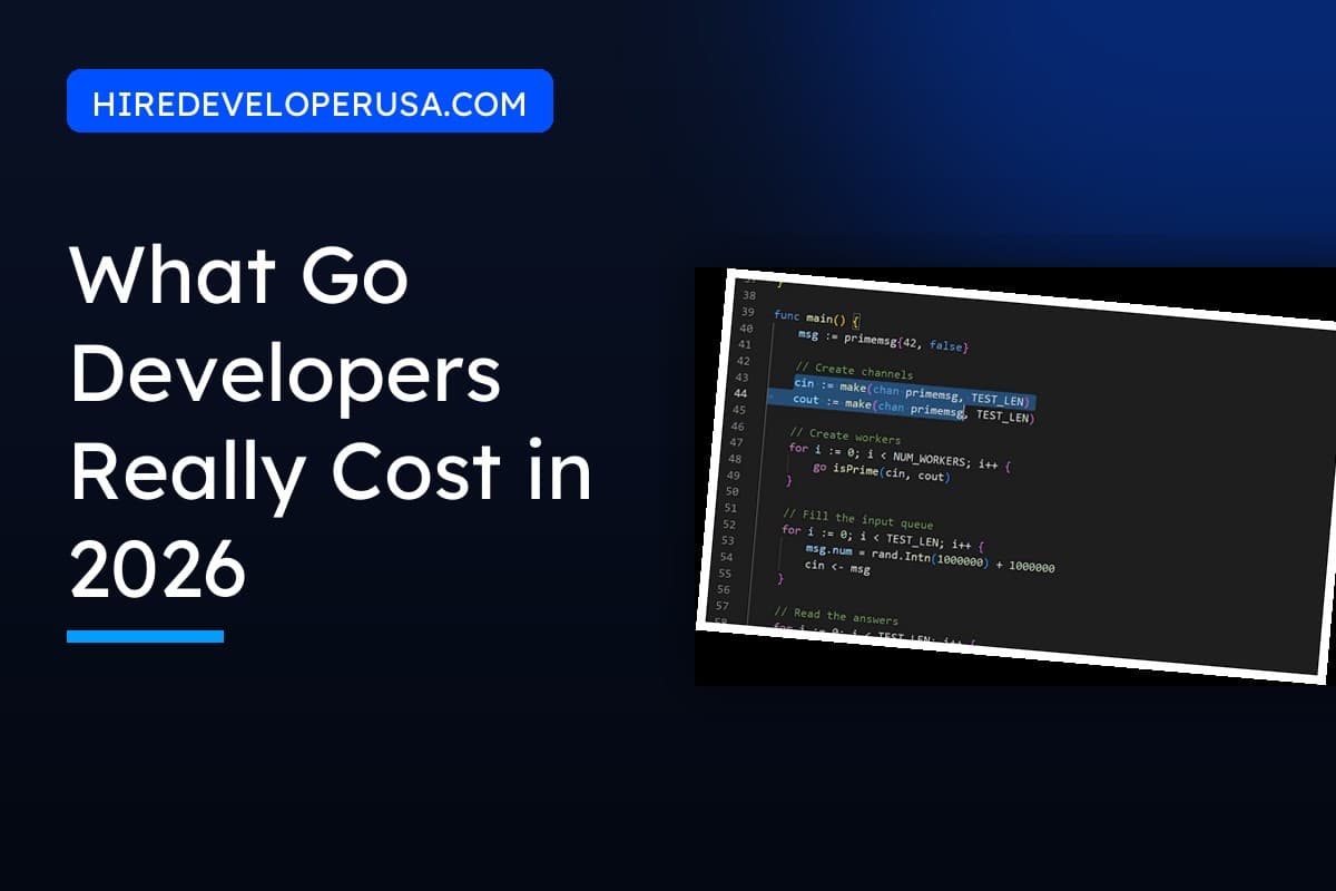 What Go developers really cost in 2026: US hourly rates and budgets for hiring Golang developers, shown beside Go worker pool code.