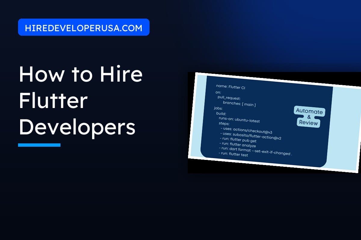Cover image for a guide to hiring Flutter developers, showing a Flutter continuous integration workflow next to the article title.