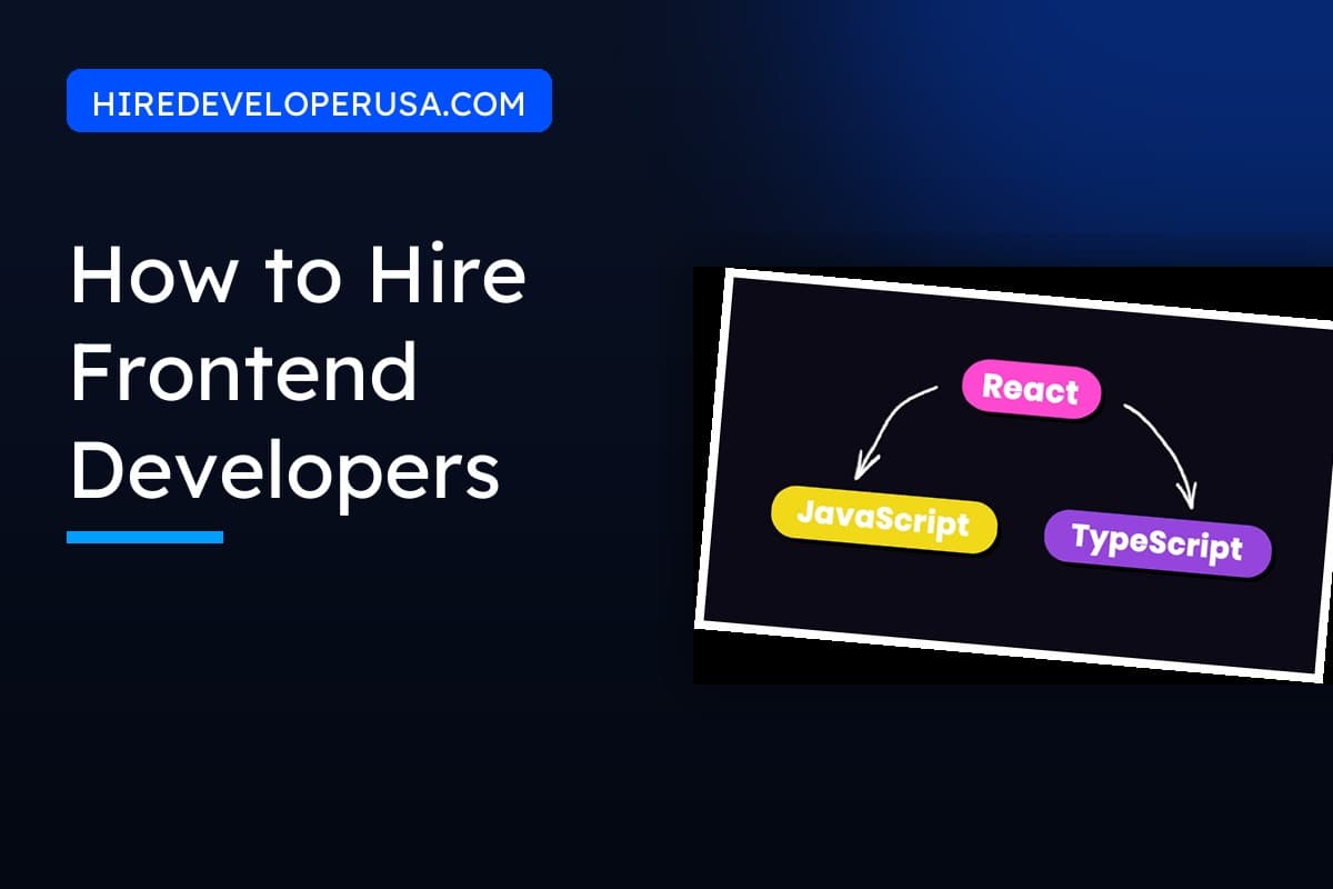 Cover image for a guide to hiring frontend developers, showing React resting on JavaScript and TypeScript next to the article title.