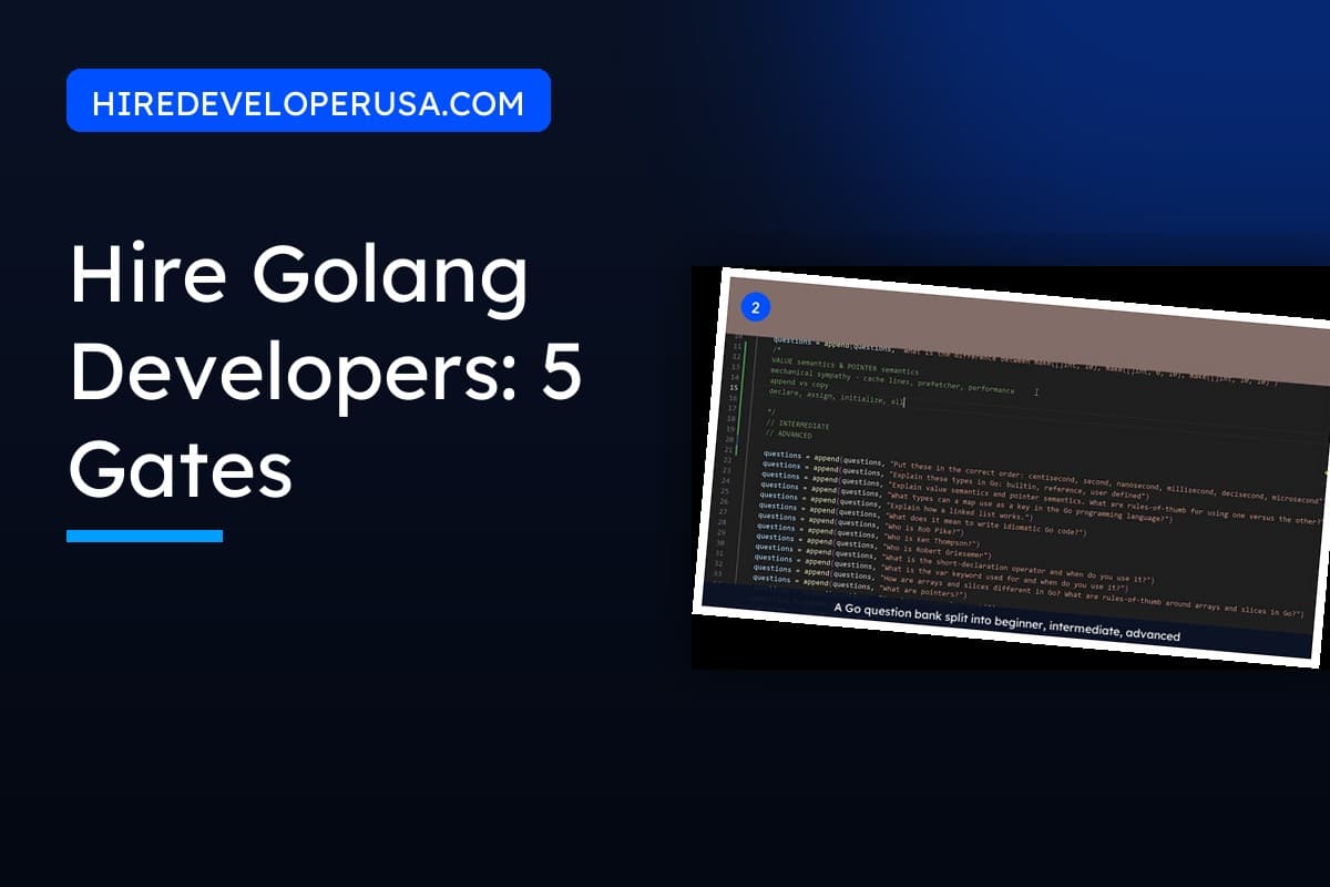 Guide to hiring Golang developers, shown beside a Go interview question bank split into beginner, intermediate and advanced levels.