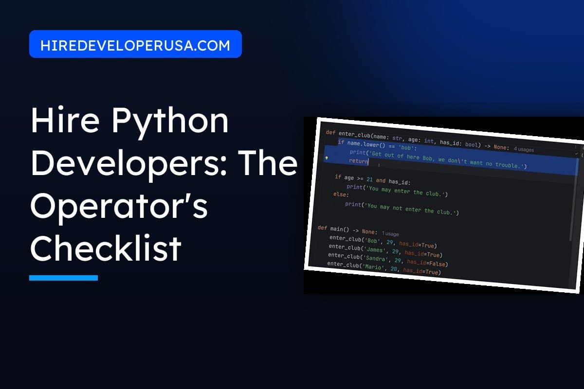 Guide to hiring Python developers in the US, shown beside a Python function in an IDE that a code-sample review would flag for doing three jobs at once.