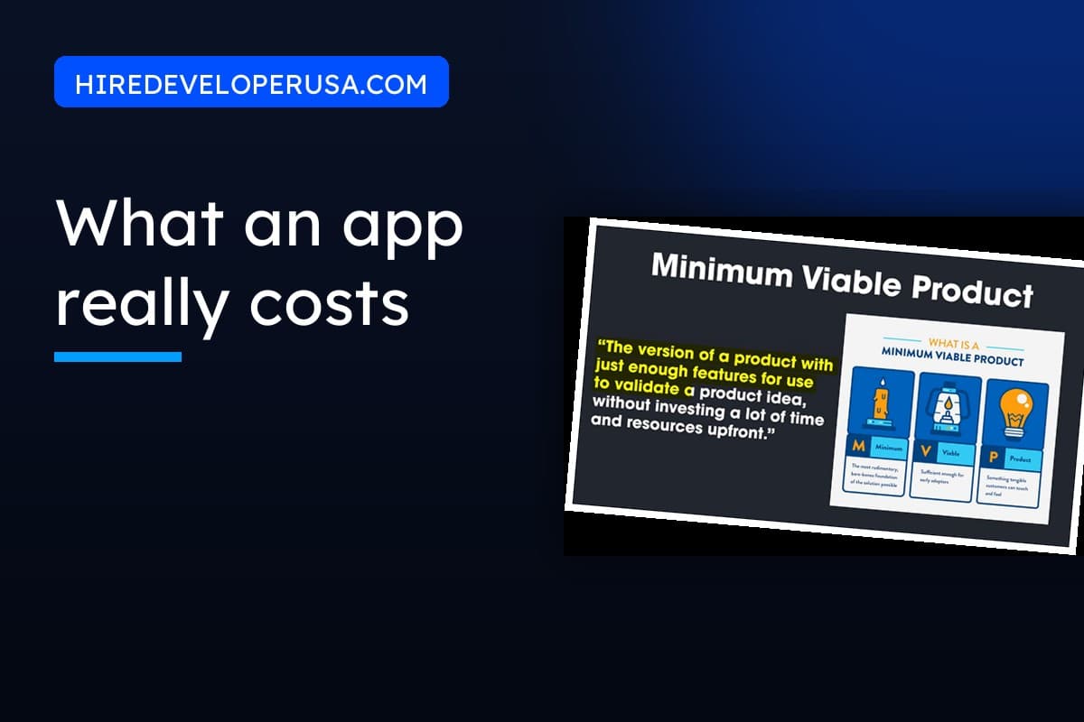 Cover image for a guide to how much it costs to build an app, showing the definition of a minimum viable product next to the article title.