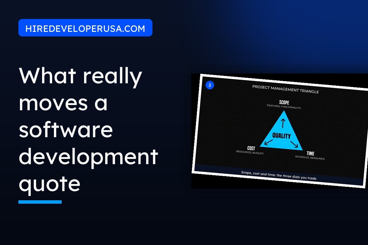 What affects software development costs: cover showing the project management triangle, with scope, cost and time at the corners and quality in the middle