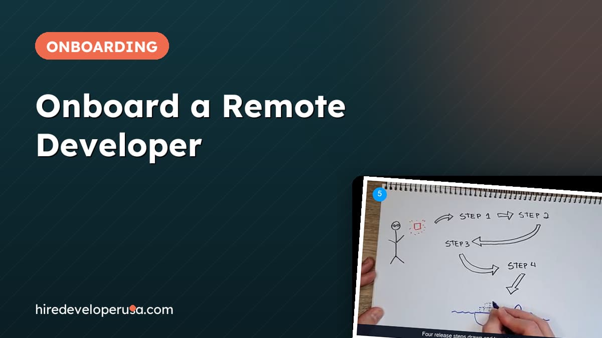 Onboard a remote developer: hand-drawn notepad sketch of a release process running through STEP 1 to STEP 4 and ending at a ship on the water