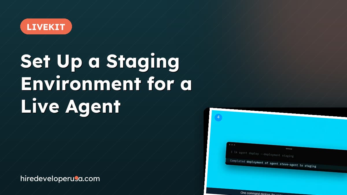 Set up a staging environment for a live voice agent: a terminal running lk agent deploy with the deployment flag set to staging