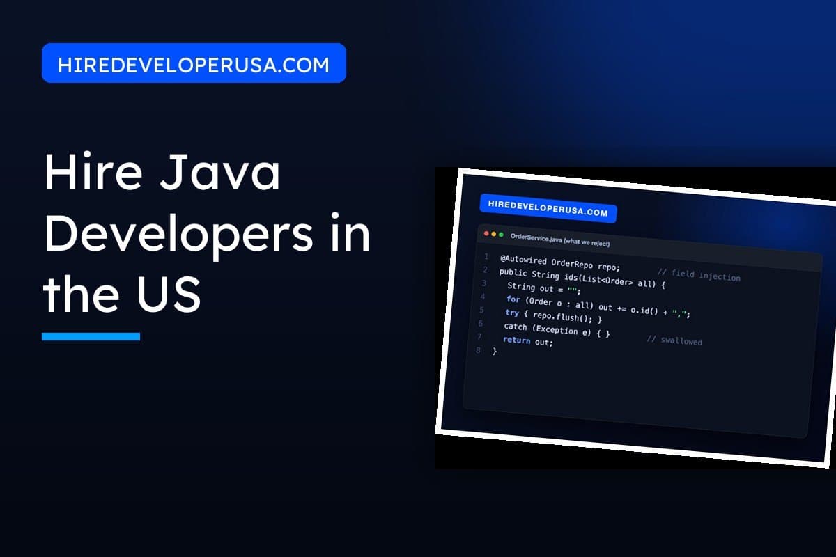 Guide to hiring Java developers in the US, shown beside a Java service class carrying the three defects a code-sample review is meant to catch.