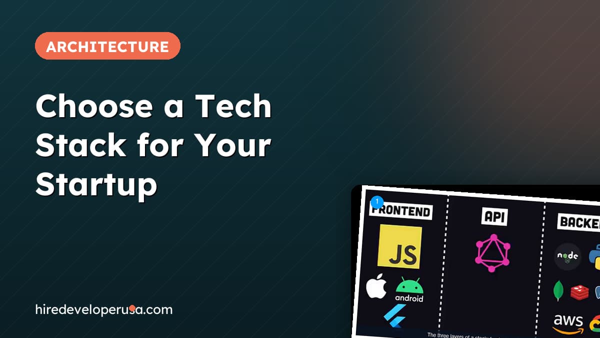 Choose a tech stack for your startup: cover with an Architecture badge and a tilted capture of a three-column diagram labeled frontend, API and backend with technology logos