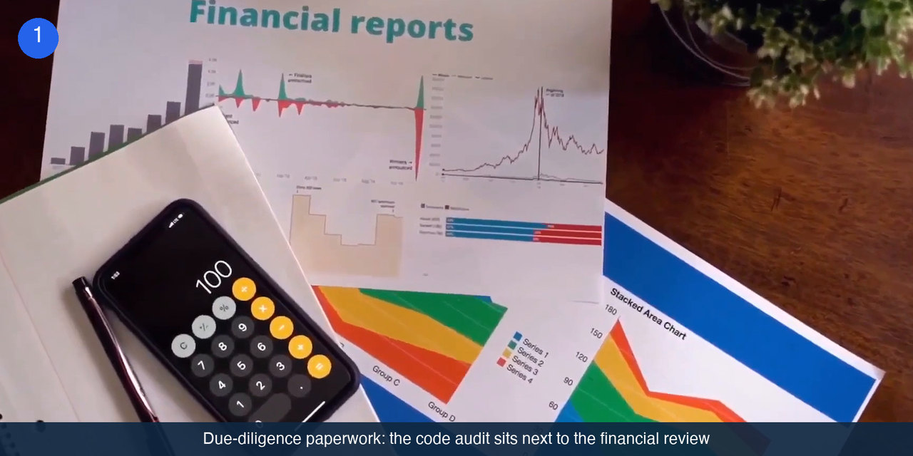 Printed financial reports, a notepad and a calculator app on a phone laid out on a desk.