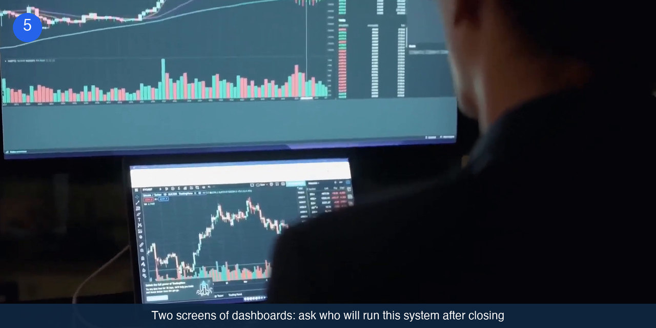 A person at a desk watching two screens filled with charts and live data panels in a dark room.
