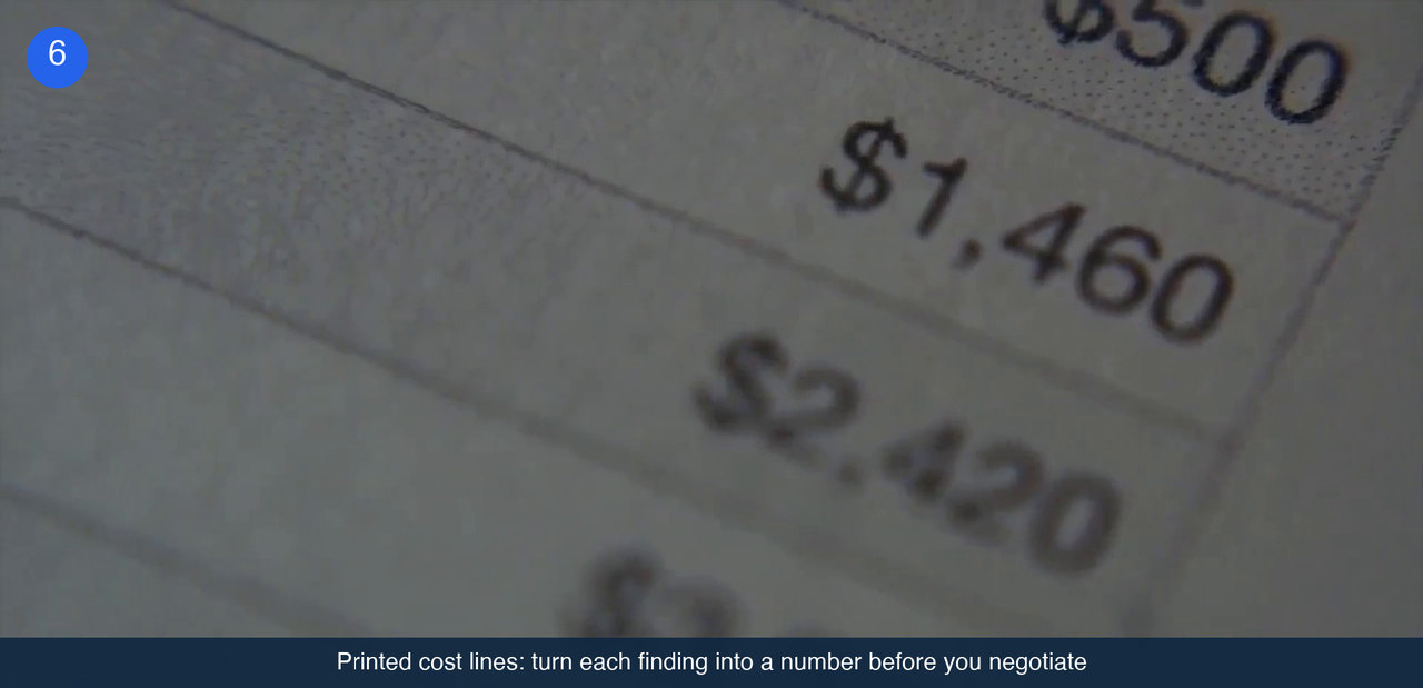 A printed cost sheet in close-up with dollar amounts on successive lines.