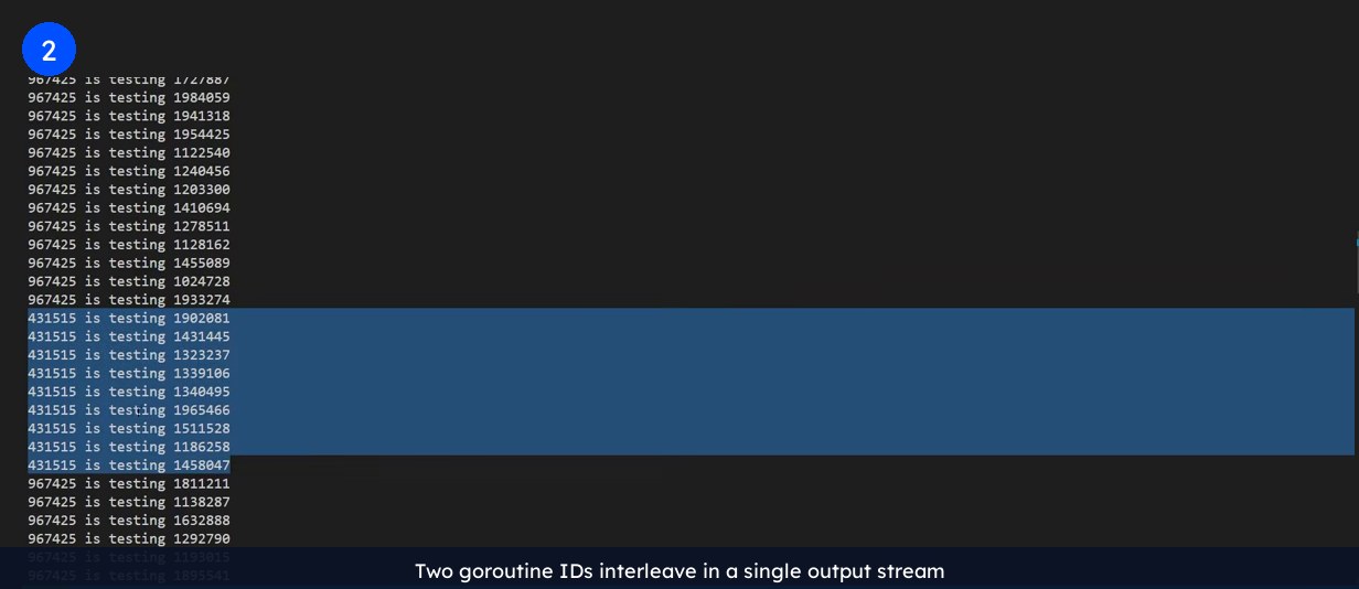 Terminal output from a Go worker pool in which two goroutine IDs, 967425 and 431515, interleave line by line while checking numbers for primality.