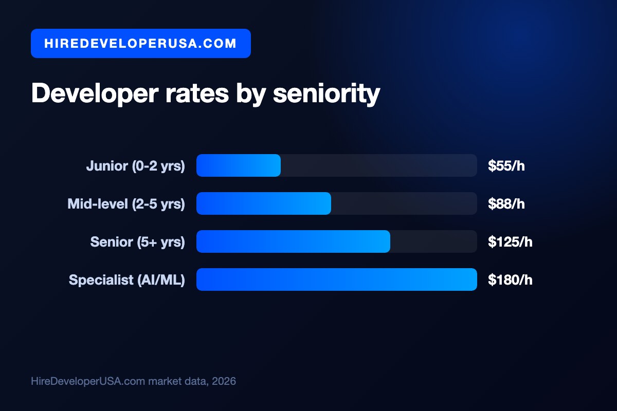 Developer hourly rates by seniority level: junior $55, mid-level $88, senior $125, AI/ML specialist $180 per hour