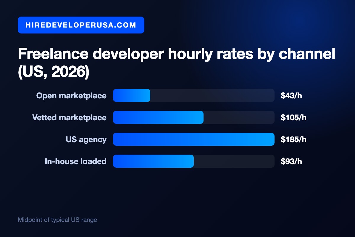 Bar chart comparing freelance developer hourly rates by channel in the US in 2026: open marketplace $43 per hour, vetted marketplace $105 per hour, US agency $185 per hour, and in-house loaded cost $93 per hour.