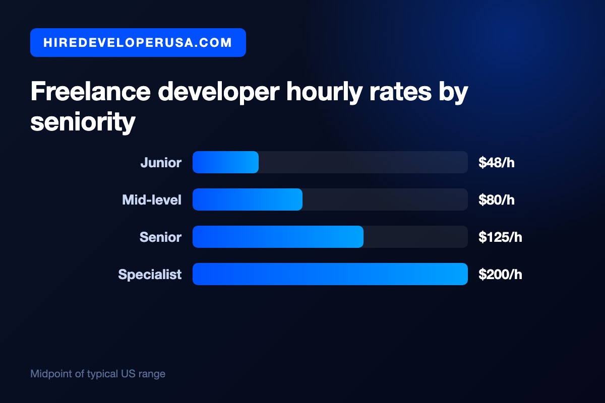 Bar chart of freelance developer hourly rates by seniority in the US: junior $48 per hour, mid-level $80 per hour, senior $125 per hour, and specialist $200 per hour.