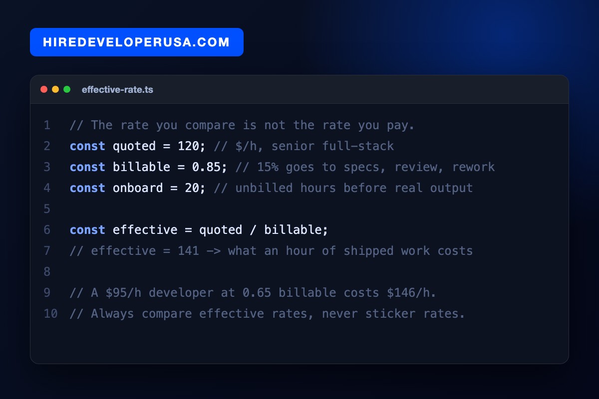 Code card showing an effective hourly rate calculation: a $120 per hour developer at an 85 percent billable ratio actually costs $141 per hour of shipped work, while a $95 per hour developer at 65 percent costs $146 per hour.