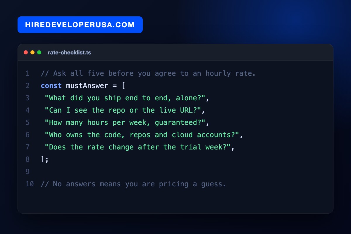 Code card listing five questions to ask before agreeing a freelance developer hourly rate, covering shipped work, a repo or live URL, guaranteed weekly hours, ownership of code and cloud accounts, and whether the rate changes after the trial week.