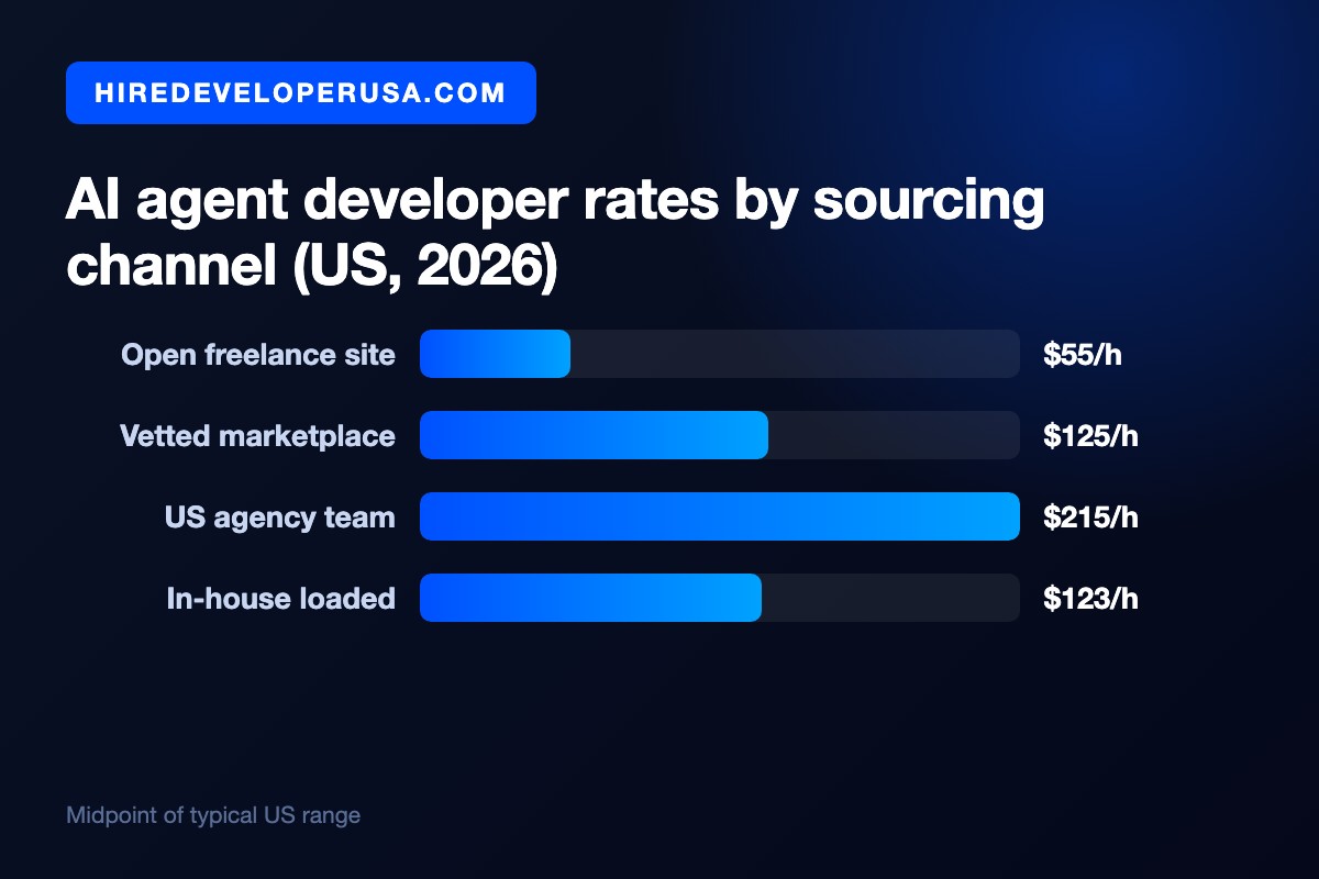 Bar chart of AI agent developer rates by sourcing channel in the US in 2026: open freelance site $55 per hour, vetted marketplace $125 per hour, US agency team $215 per hour, and in-house loaded cost $123 per hour.