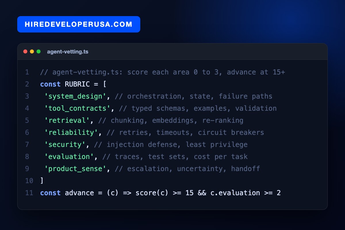 Code card showing the seven area rubric used to hire AI agent developers, scoring system design, tool contracts, retrieval, reliability, security, evaluation and product sense from zero to three, advancing candidates at 15 out of 21.