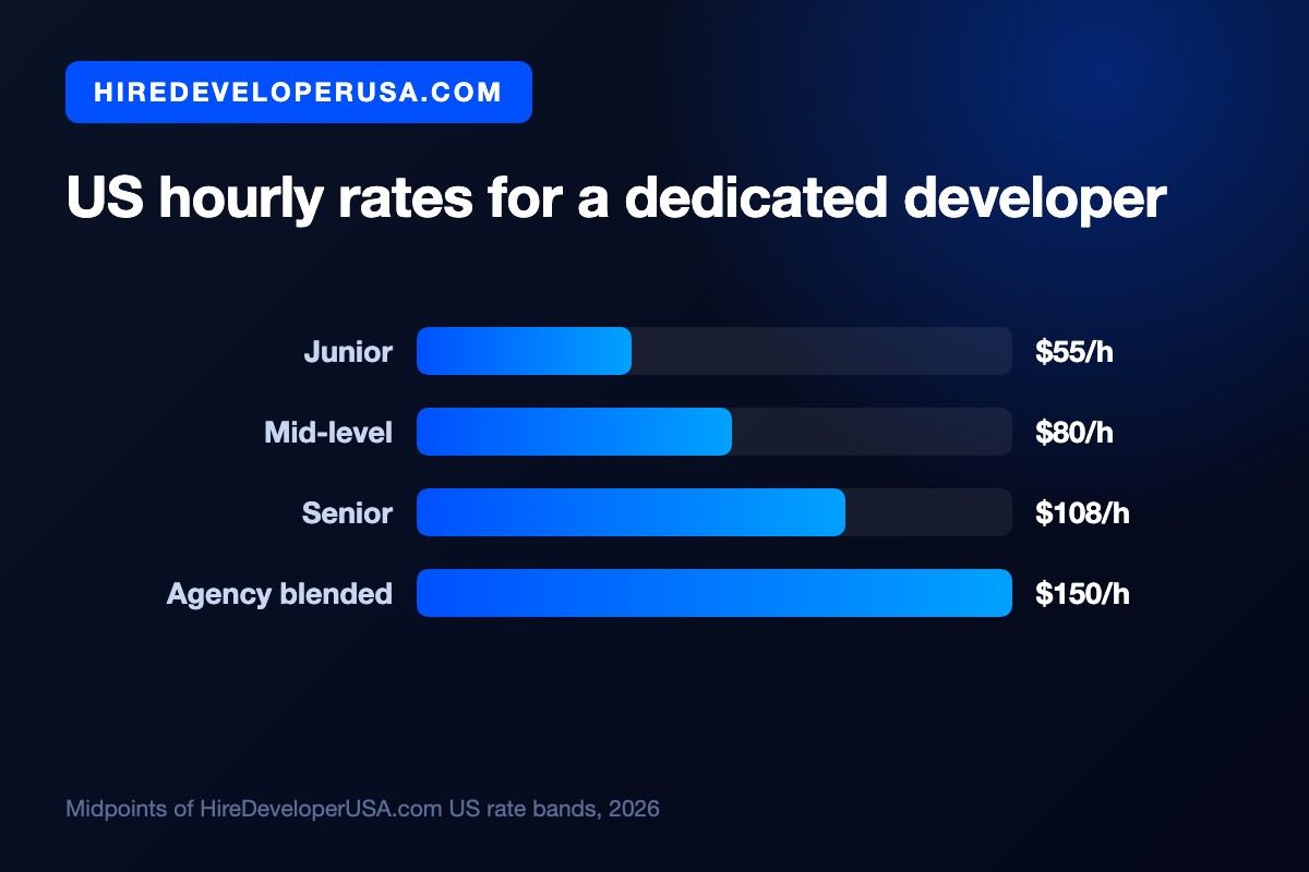 Bar chart of US hourly rates for a dedicated developer: $55 an hour junior, $80 mid-level, $108 senior, and $150 an hour blended at an agency.