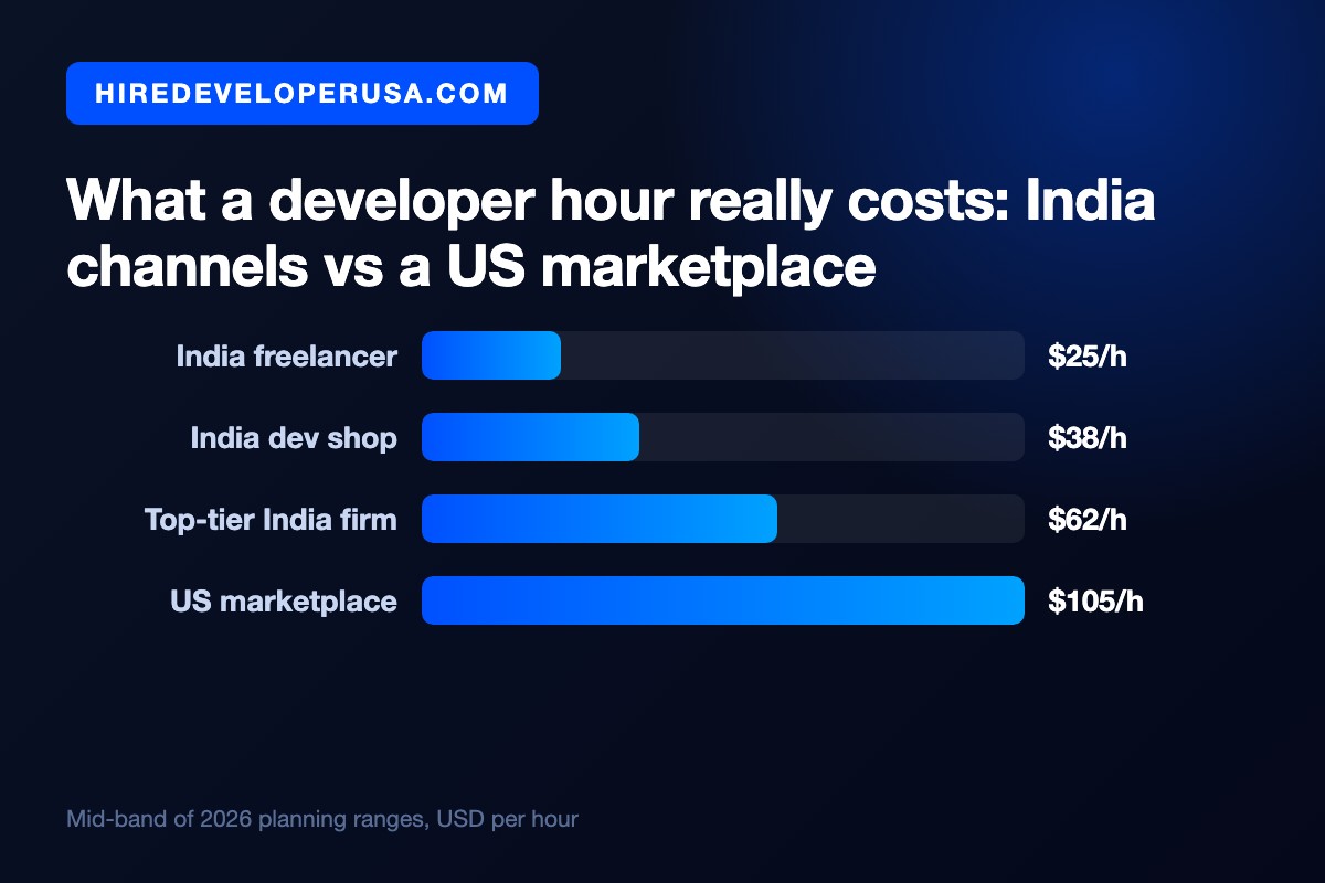 Bar chart of what a developer hour costs when you hire developers in India versus the US: India freelancer $25 per hour, India dev shop $38 per hour, top-tier India firm $62 per hour, US marketplace $105 per hour