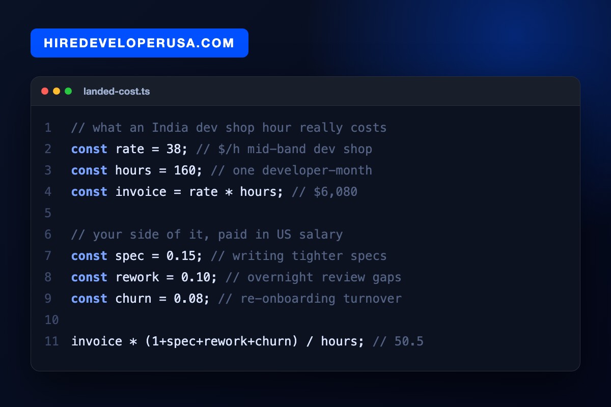 Code card calculating the landed cost of hiring developers in India: a $38 per hour dev shop rate on 160 hours invoices $6,080, but adding 15 percent spec writing, 10 percent rework and 8 percent churn makes the real cost about $50.50 per hour