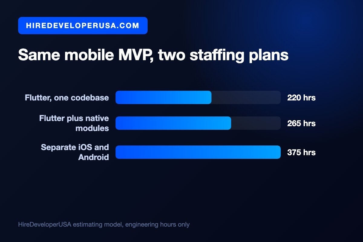 Bar chart of engineering hours for the same mobile MVP: 220 hours on one Flutter codebase, 265 hours once native modules are added, and 375 hours for separate iOS and Android builds.