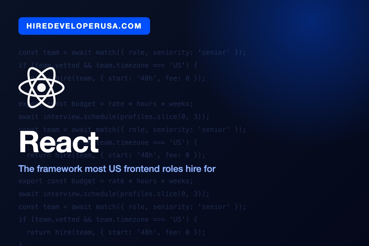 React logo tile illustrating that most US frontend developer job specs name React as the required framework.