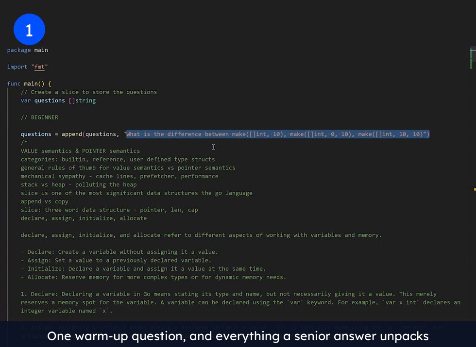 Screenshot of a Go interview file where one slice question opens into value versus pointer semantics, stack versus heap, and append versus copy.