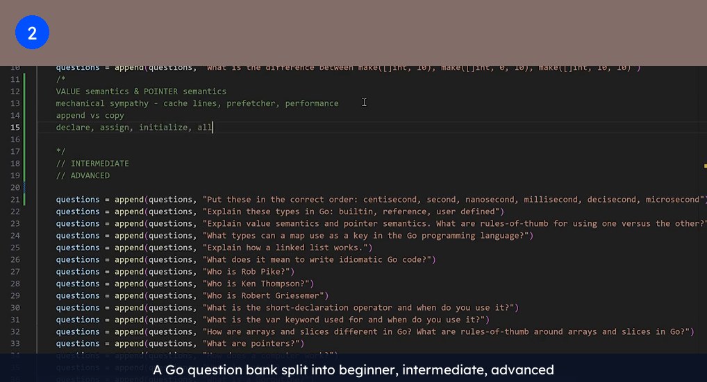 Screenshot of a Golang interview question bank in a code editor, split into beginner, intermediate and advanced questions about types, slices and pointers.