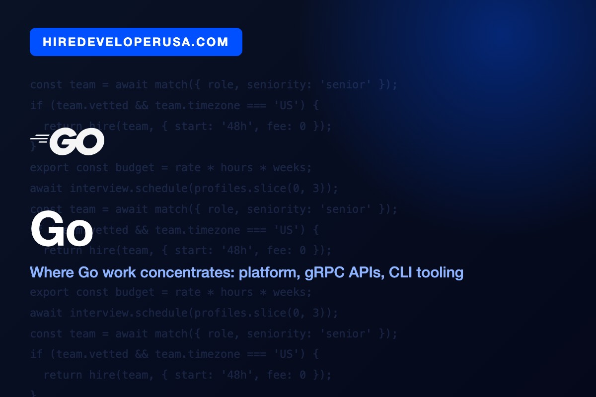 Go technology card showing where Golang work concentrates in US engineering teams: platform engineering, gRPC APIs and CLI tooling.