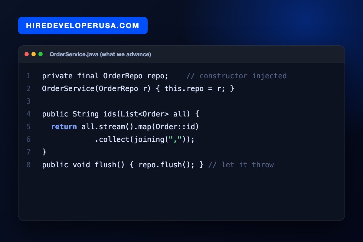 Java code card titled OrderService.java showing the corrected version with constructor injection, a stream collector replacing string concatenation in a loop, and the exception allowed to propagate.