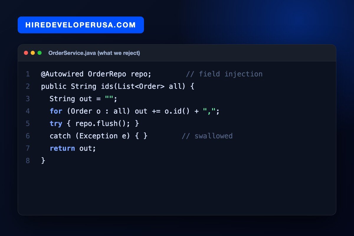 Java code card titled OrderService.java showing three hiring red flags: field injection with @Autowired, string concatenation inside a loop and an empty catch block that swallows the exception.