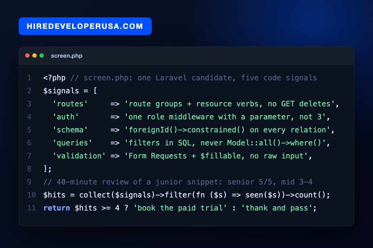 Code card titled screen.php that lists the five Laravel code signals to check when hiring: routes, auth middleware, schema foreign keys, SQL-level queries and Form Request validation, with a scoring rule of four out of five to book a paid trial.