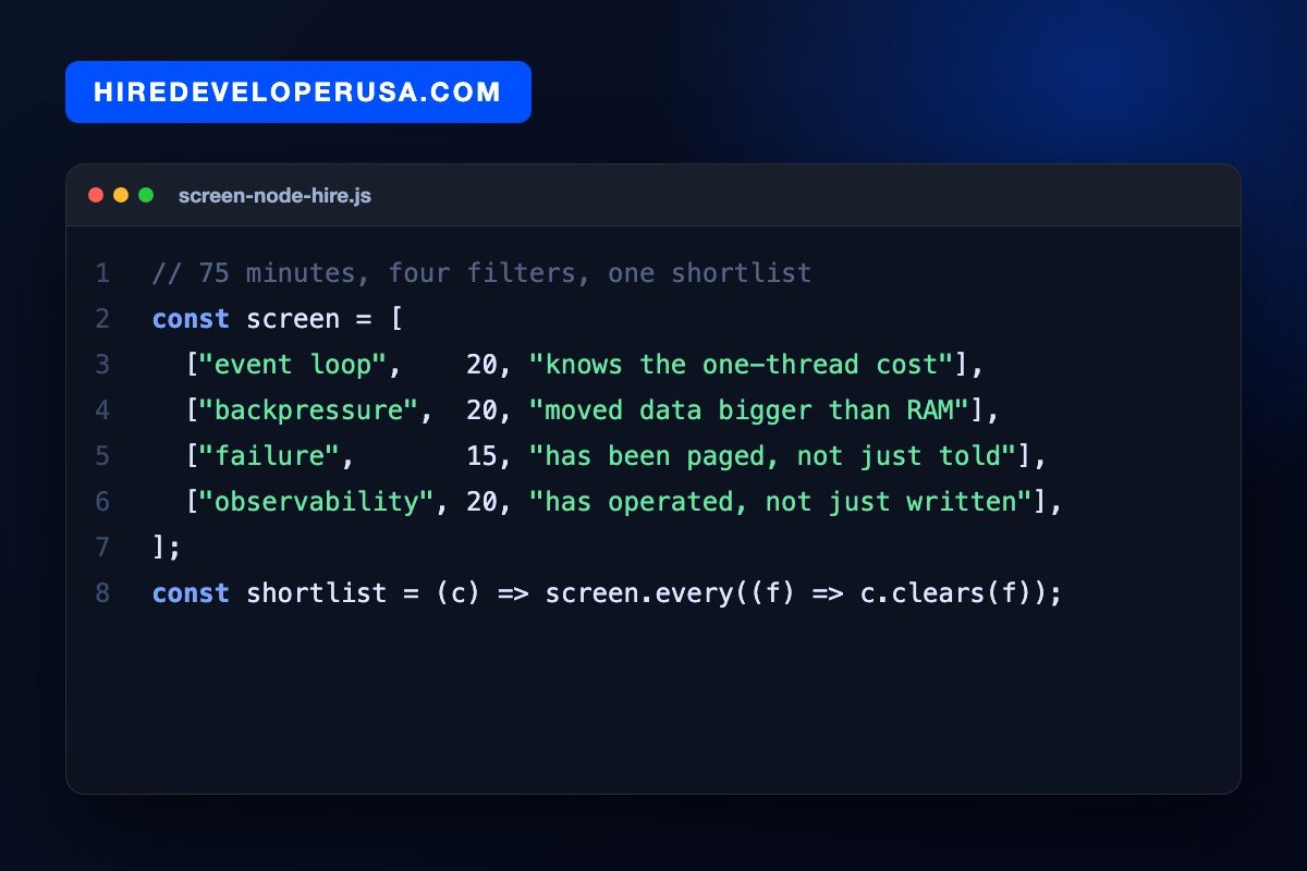Code card listing the four filters used to hire Node.js experts with their time budgets: event loop 20 minutes, backpressure 20 minutes, failure 15 minutes and observability 20 minutes, for a 75 minute screen.
