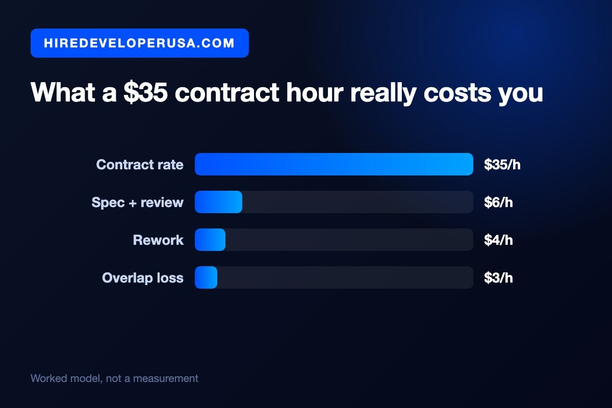 Bar chart breaking a $35 Node.js contract hour in India into its real cost: $35 contract rate plus $6 of specification and review, $4 of rework and $3 of overlap loss, for about $48 an hour