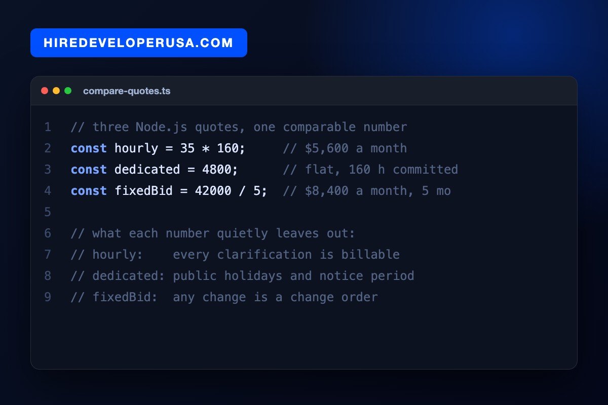 Code card normalizing three Node.js quotes to cost per month: hourly at $35 for 160 hours is $5,600, a dedicated monthly rate of $4,800, and a $42,000 fixed bid over five months is $8,400 a month