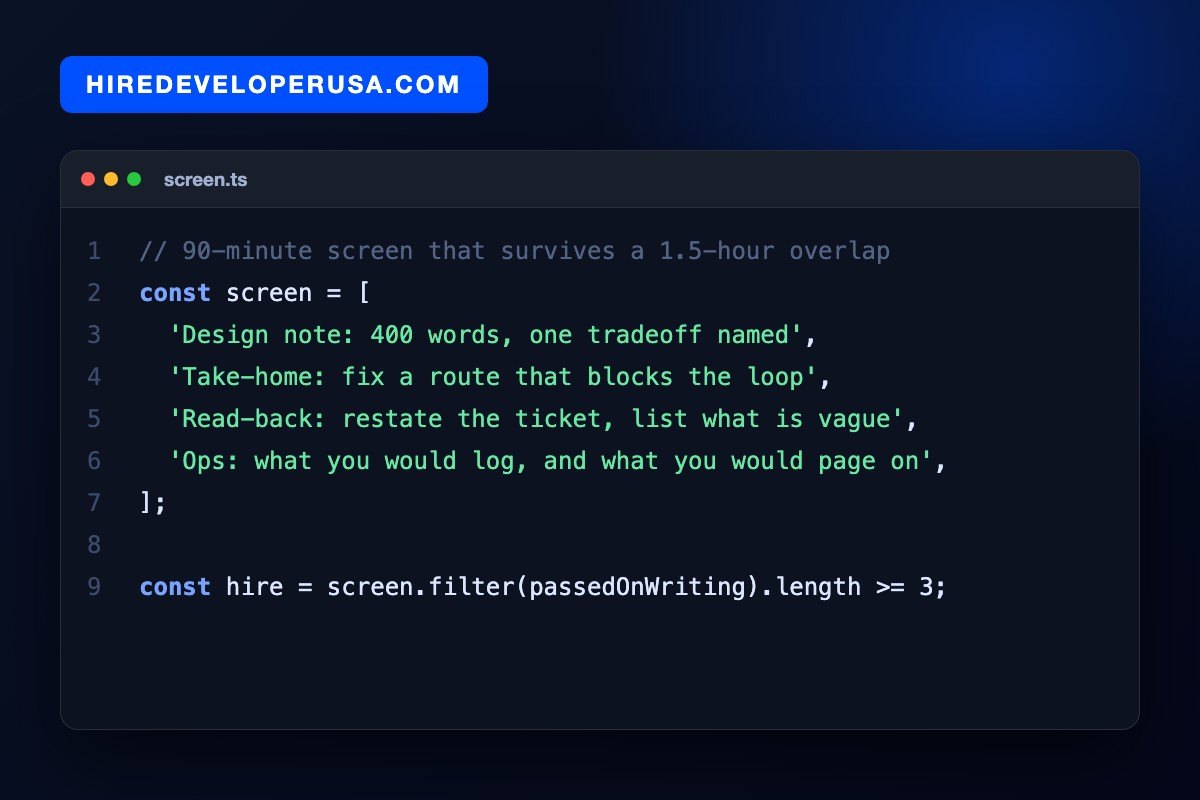 Code card listing a 90-minute asynchronous screen for Node.js engineers in India: a 400-word design note, a take-home fixing a route that blocks the event loop, a ticket read-back and an operations question