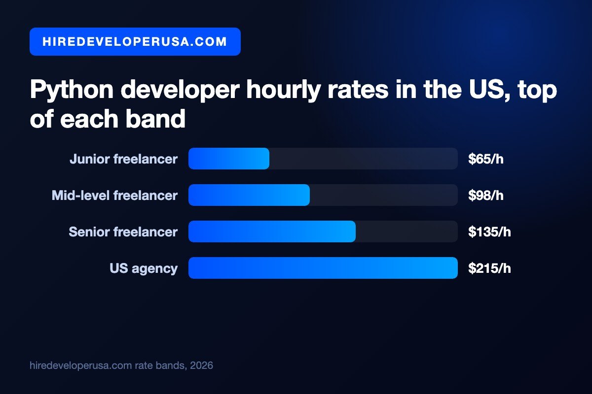 Bar chart of Python developer hourly rates in the US at the top of each band: $65 for a junior freelancer, $98 for a mid-level freelancer, $135 for a senior freelancer and $215 for a US agency.