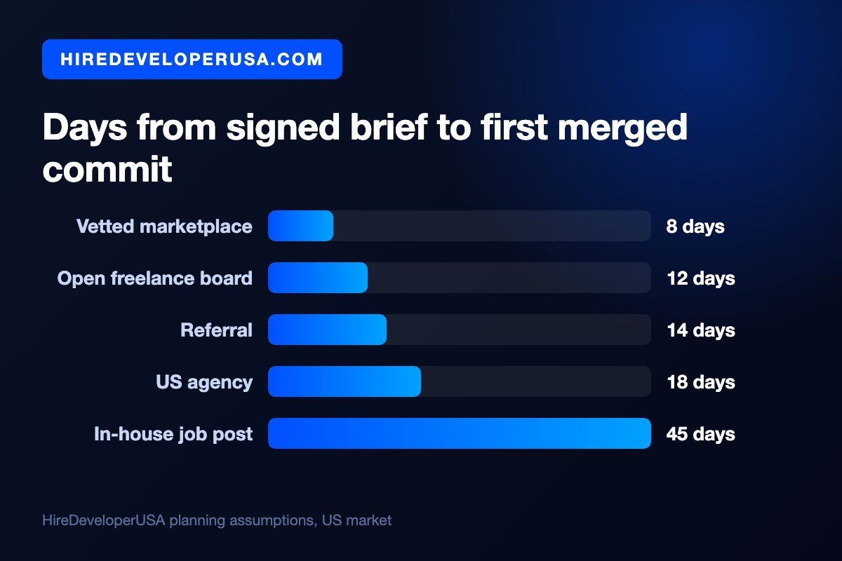 Bar chart of planning timelines to hire a Python developer in the US, from signed brief to first merged commit: about 8 days through a vetted marketplace, 12 through an open freelance board, 14 through a referral, 18 through a US agency and 45 through an in-house job post.