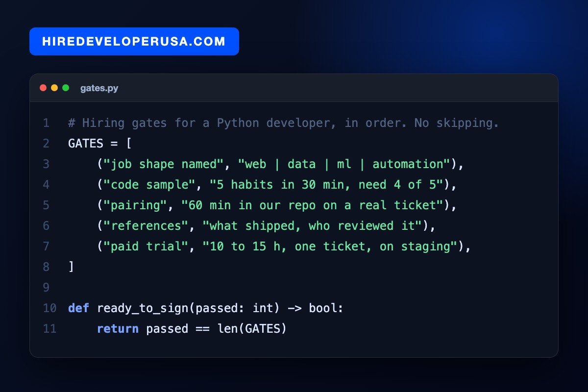 Code card titled gates.py listing the five hiring gates for a Python developer in order: job shape named, code sample with 5 habits needing 4 of 5, 60-minute pairing on a real ticket, references on what shipped, and a 10 to 15 hour paid trial on staging.