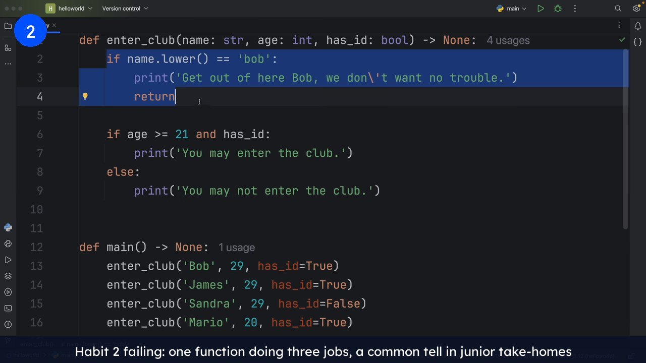 Python function enter_club in an IDE that checks a blacklisted name, validates age 21 and an ID flag, and prints results all in one body, an example of the monolithic function to flag when you hire Python developers.