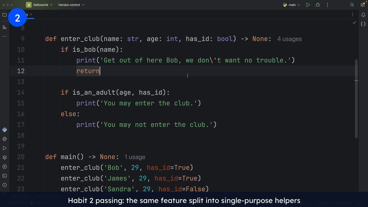 The same Python enter_club function refactored to call is_bob and is_an_adult helper functions with type hints, the single-purpose structure to look for when you hire Python developers.