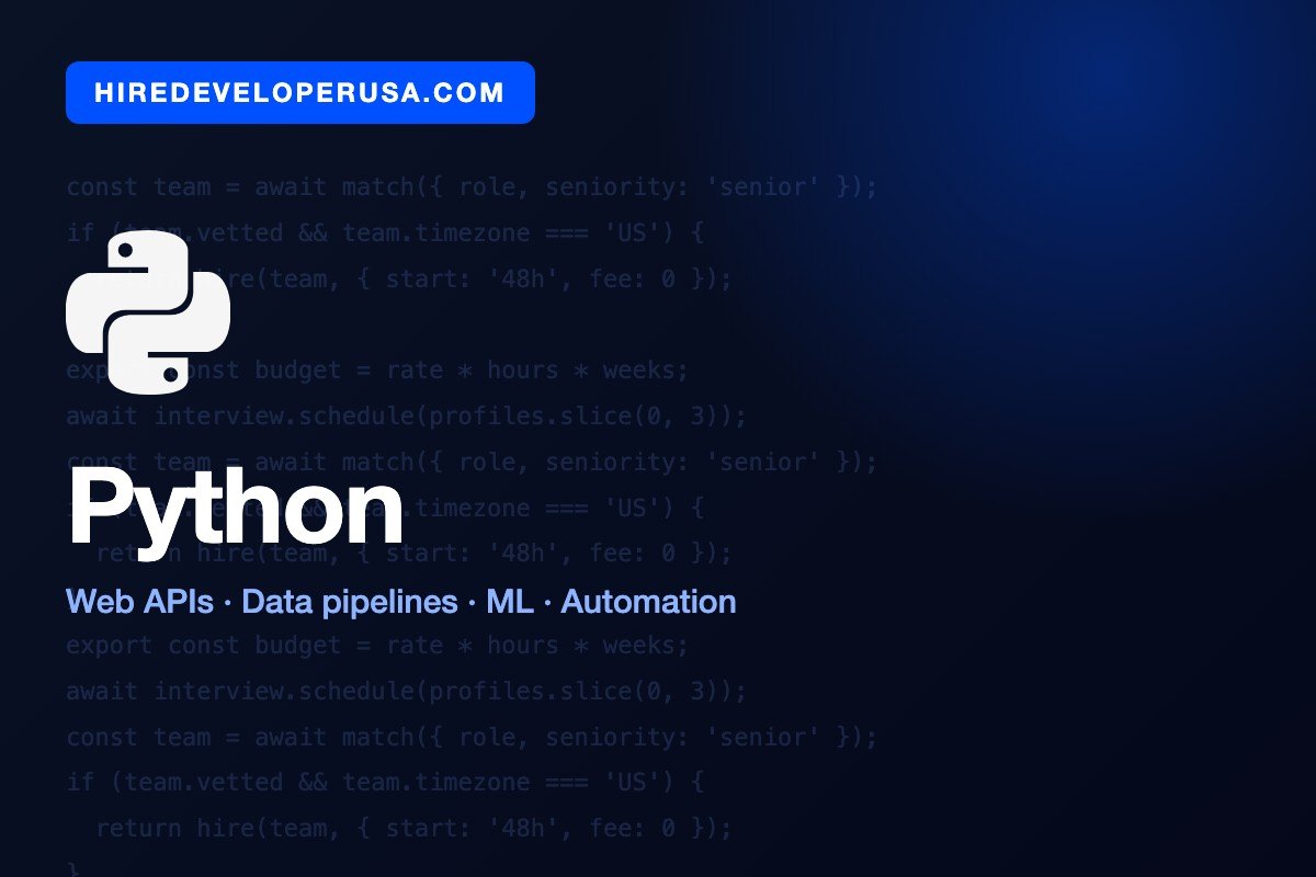 Python technology card listing the four kinds of Python work a US buyer hires for: web APIs, data pipelines, ML and automation, the first step of the checklist to hire Python developers.