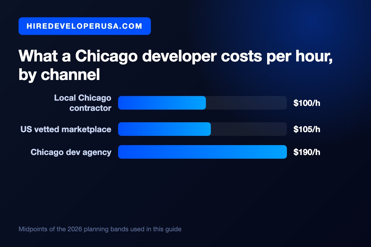 Bar chart comparing what a Chicago developer costs per hour by channel: $100 per hour for a local Chicago contractor, $105 per hour through a vetted US marketplace and $190 per hour at a Chicago development agency