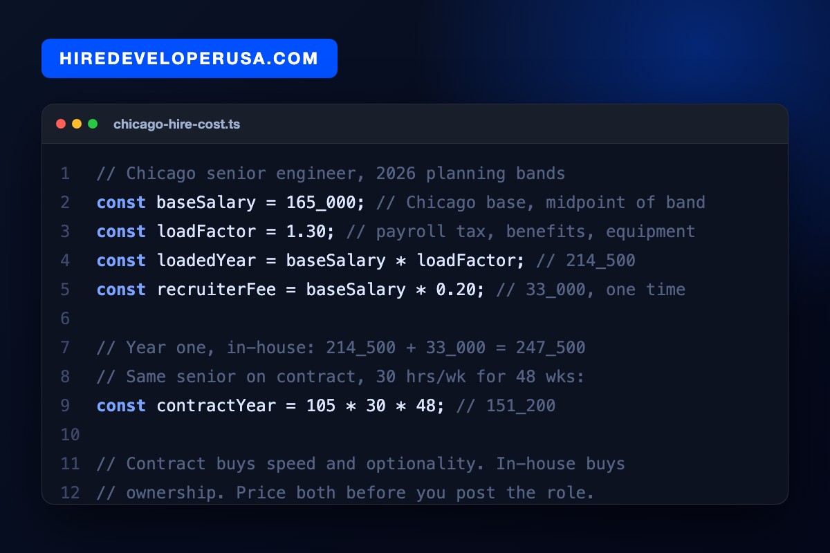 Code card titled chicago-hire-cost.ts calculating a Chicago senior engineer at $165,000 base, a 1.3 load factor giving $214,500 loaded, a $33,000 recruiter fee for $247,500 in year one, against $151,200 for the same senior on contract at $105 an hour