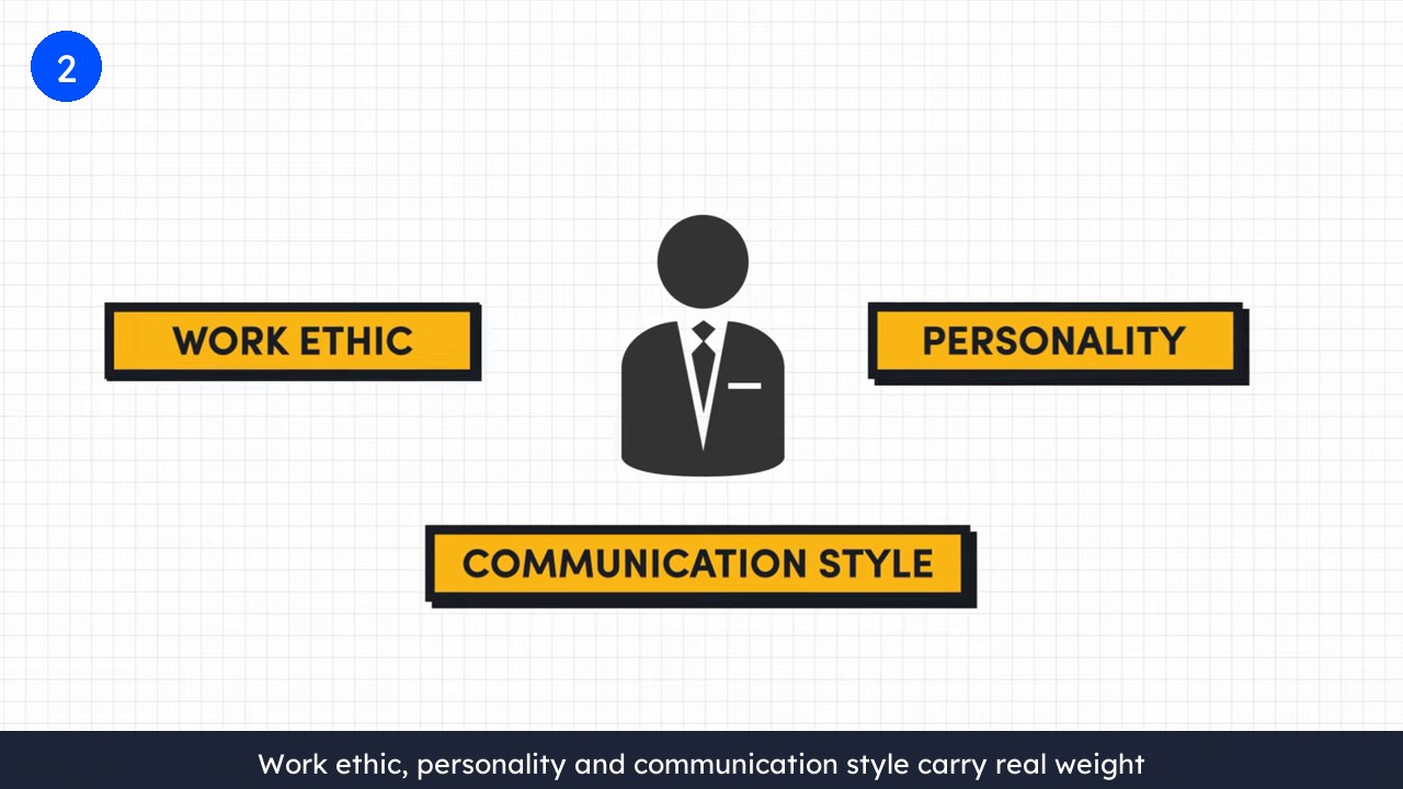 Slide showing work ethic, personality and communication style surrounding a developer icon, the non-technical criteria that decide a Chicago software developer hire