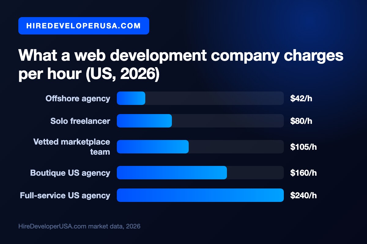 Bar chart of US web development company hourly rates in 2026: offshore agency $42/h, solo freelancer $80/h, vetted marketplace team $105/h, boutique US agency $160/h, full-service US agency $240/h