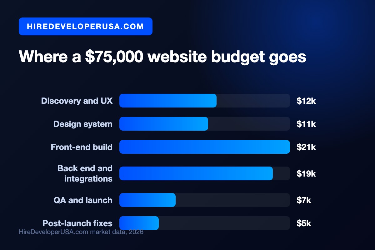 Bar chart showing where a $75,000 website budget goes: discovery and UX $12k, design system $11k, front-end build $21k, back end and integrations $19k, QA and launch $7k, post-launch fixes $5k
