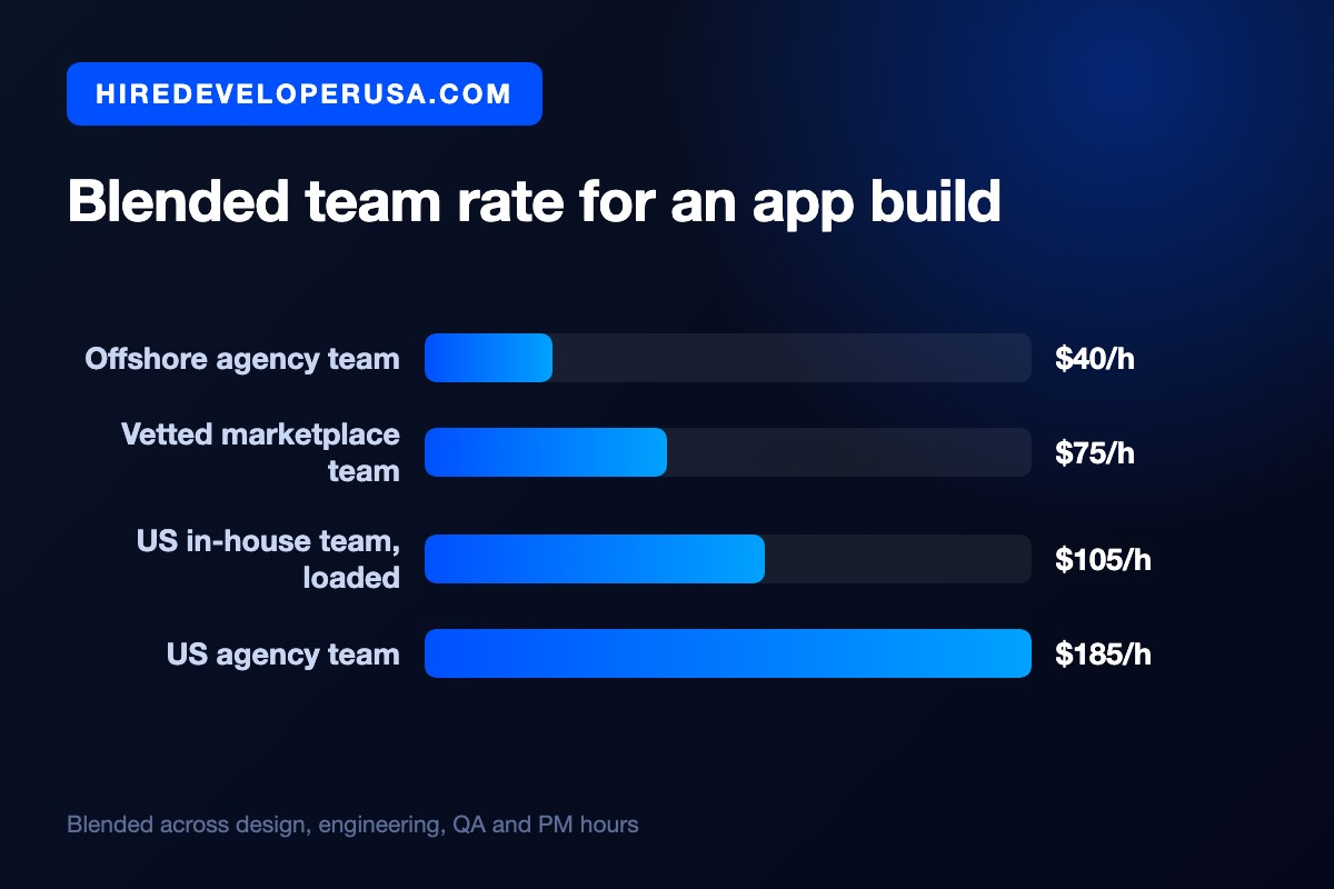 Bar chart comparing blended team rates for an app build: $40 per hour offshore, $75 per hour on a vetted marketplace, $105 per hour for a loaded US in-house team, and $185 per hour at a US agency.